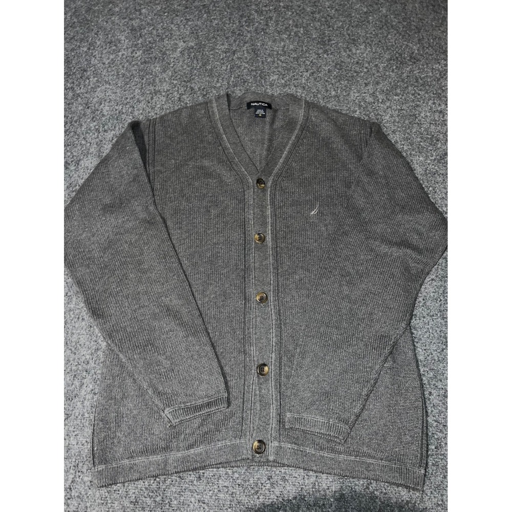 Nautica Mens Gray 100% Cotton V-Neck Button Front Cardigan Sweater Size Medium